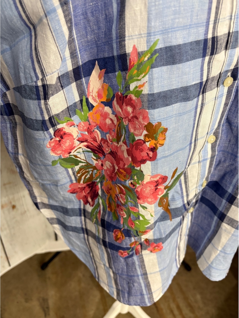 Lauren Ralph Lauren Women's Linen Plaid Button-Up Shirt w/Floral Print Size 1X - Picture 2 of 9